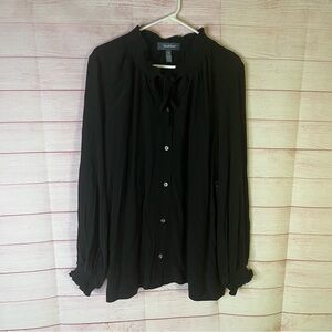 Modcloth NEW Black Long Sleeve Button Front Ruffle Neck Tie Shirt Blouse Size XL